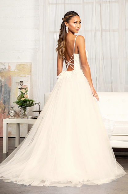 Embroidery & 3D Floral Applique Embellished V-Neck Mesh Wedding Dress