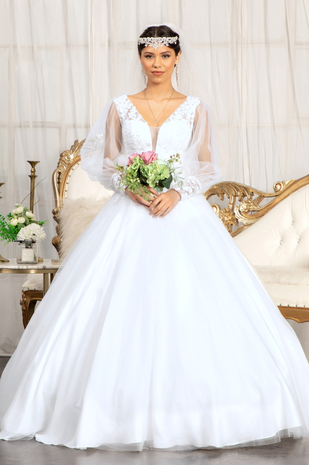 Beads Embellished Long Sleeves Wedding Gown w/ Sheer Back Button Closure