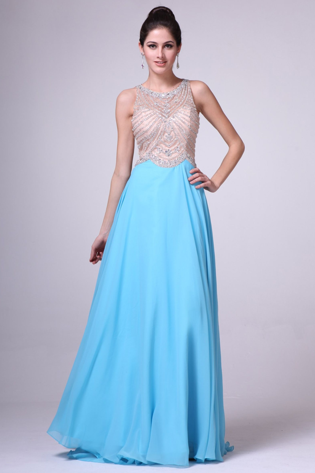 Long A-Line Skirt with Illusion Jewel Neckline