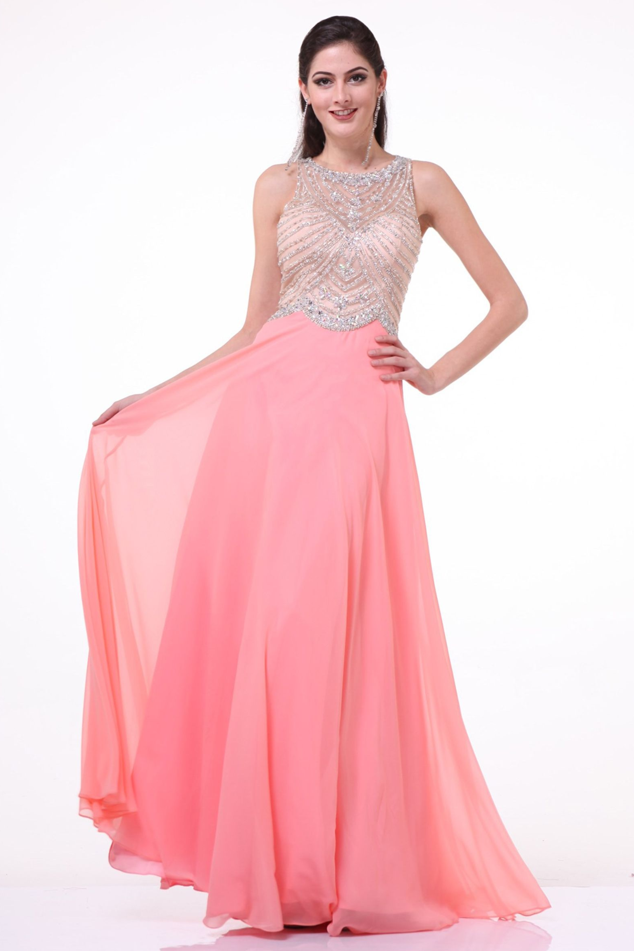 Long A-Line Skirt with Illusion Jewel Neckline