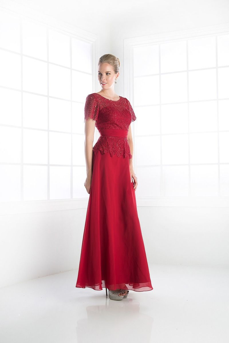 Long Dress with Illusion Bateau Neckline and Short Sleeves