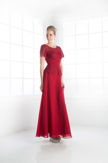 Long Dress with Illusion Bateau Neckline and Short Sleeves