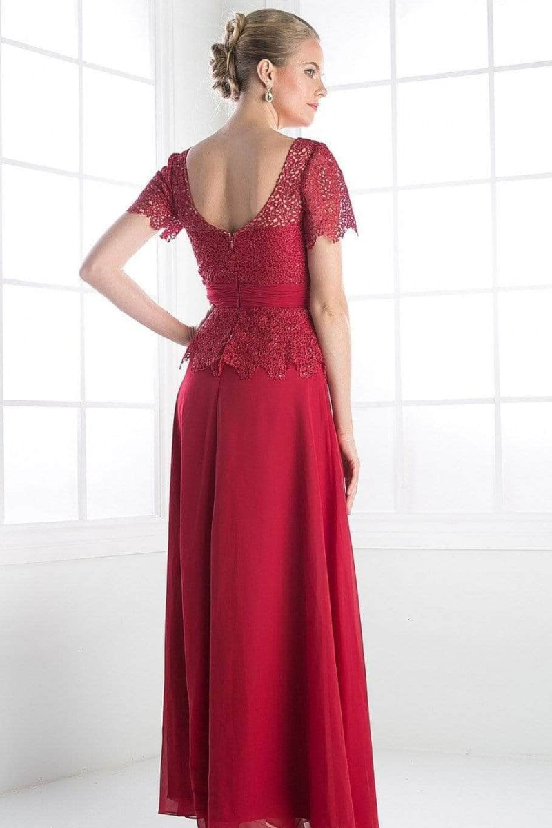 Long Dress with Illusion Bateau Neckline and Short Sleeves