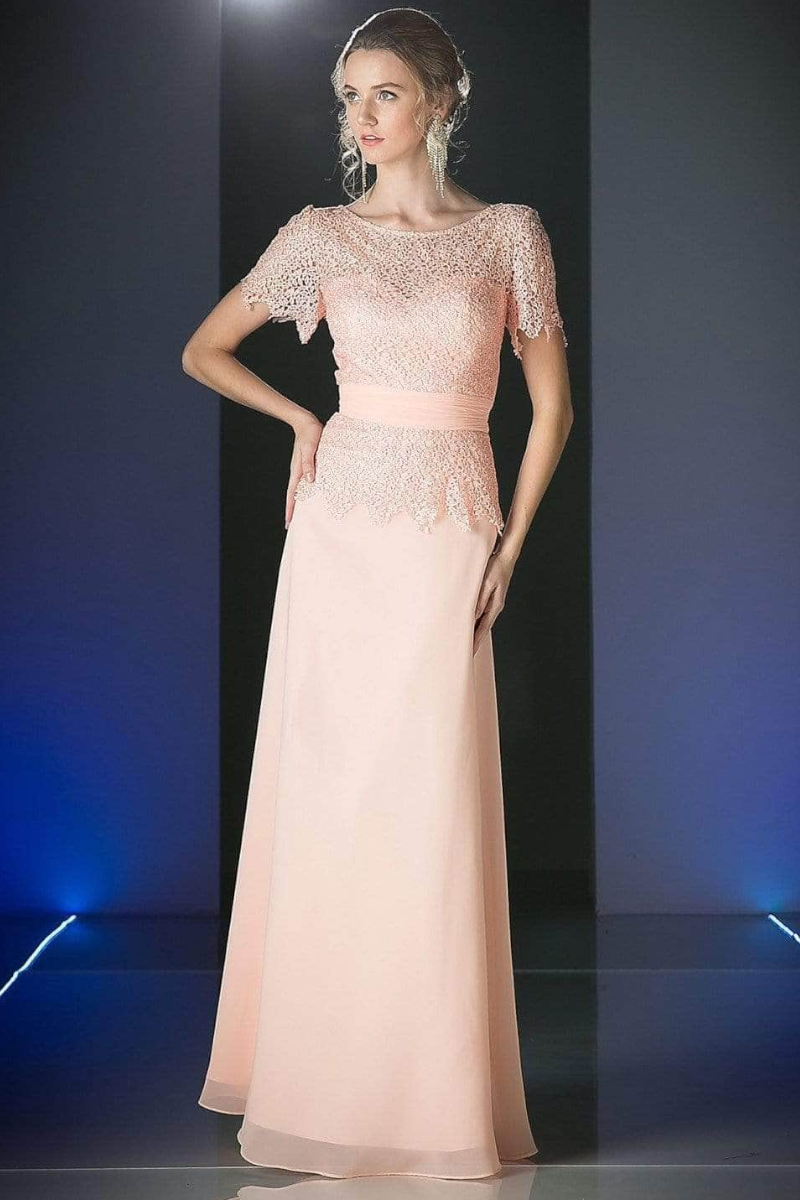 Long Dress with Illusion Bateau Neckline and Short Sleeves