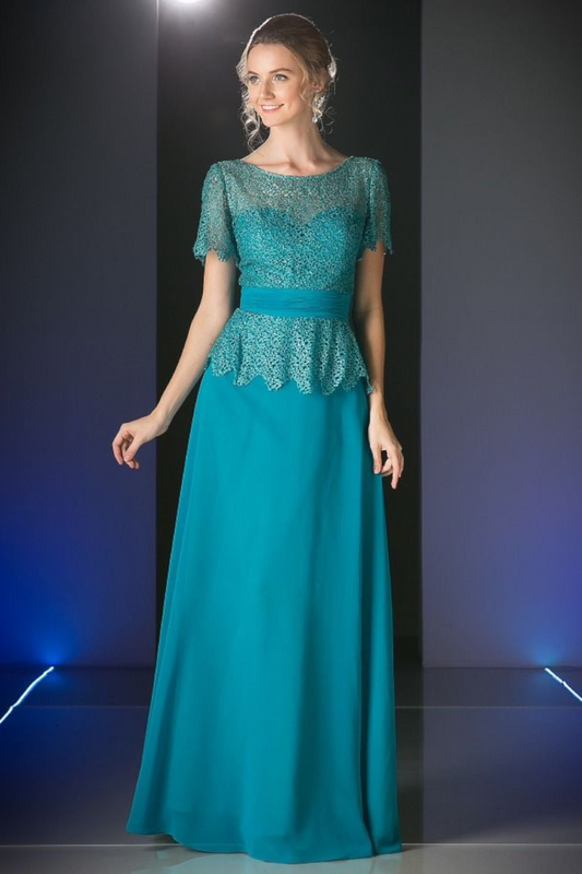 Long Dress with Illusion Bateau Neckline and Short Sleeves