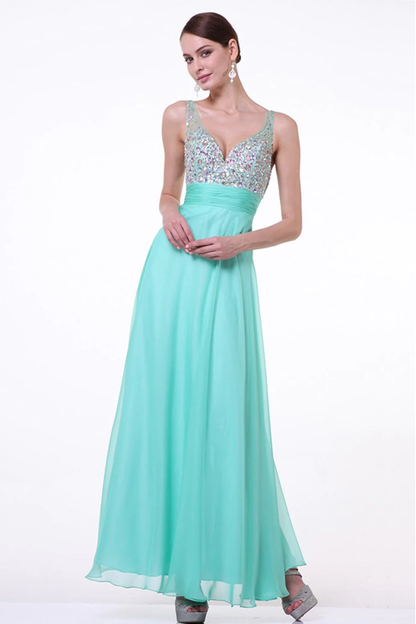 A-Line Dress with Chiffon Skirt and Beade V-Neckline Bodice