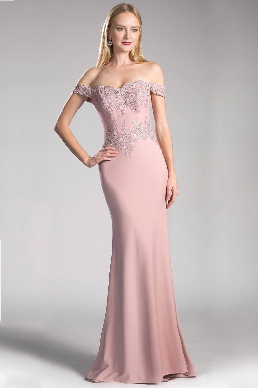 Off the Shoulder Fitted Gown with Lace Applique Details and Stretch Jersey