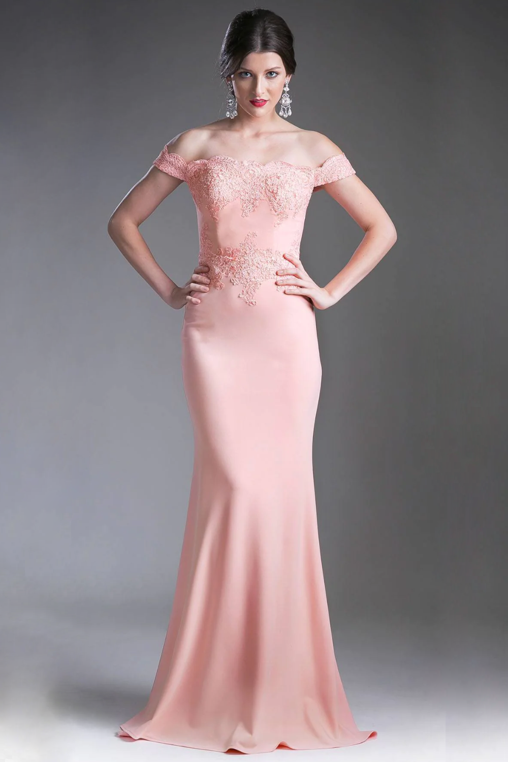 Off the Shoulder Fitted Gown with Lace Applique Details and Stretch Jersey