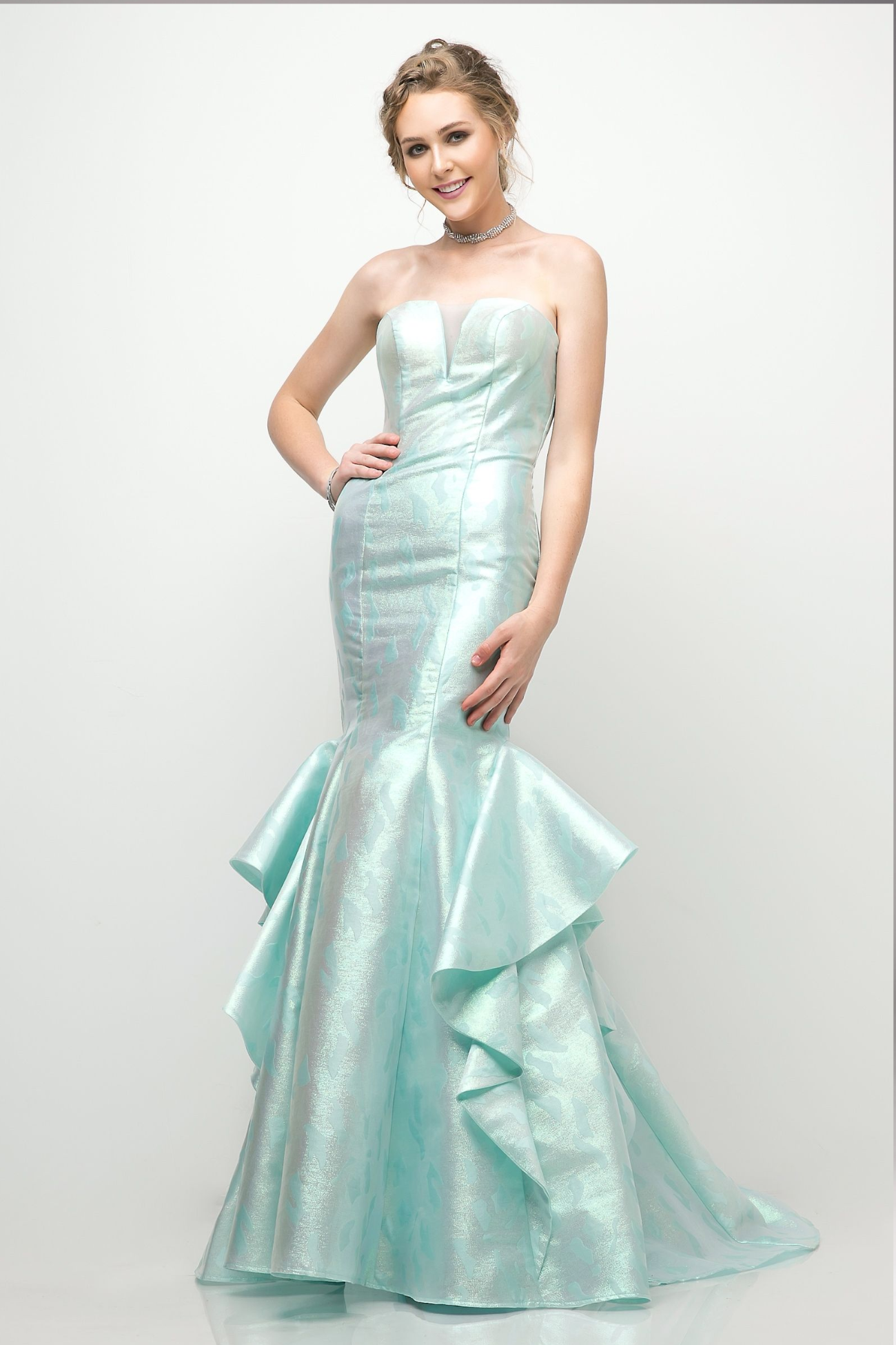 Strapless Jacquard Layered Mermaid Gown With V-Neckline and Train