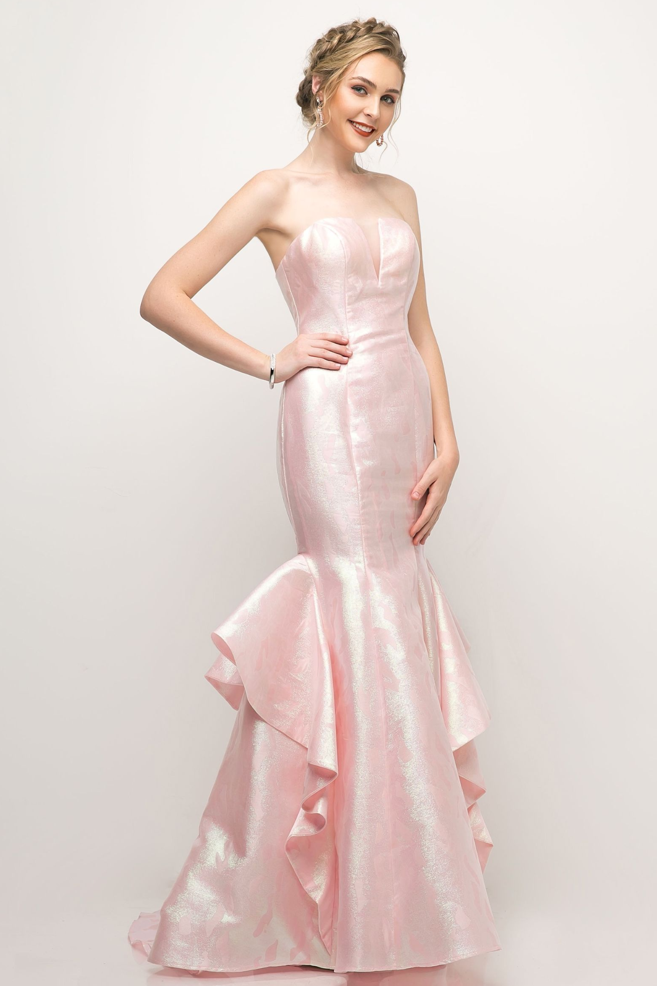 Strapless Jacquard Layered Mermaid Gown With V-Neckline and Train