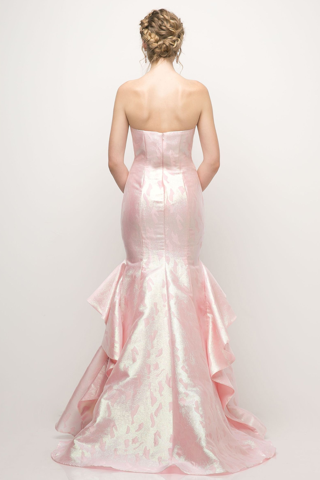 Strapless Jacquard Layered Mermaid Gown With V-Neckline and Train