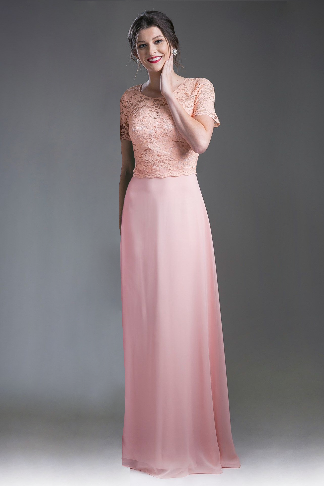 Long  Chiffon Dress with Short Sleeves