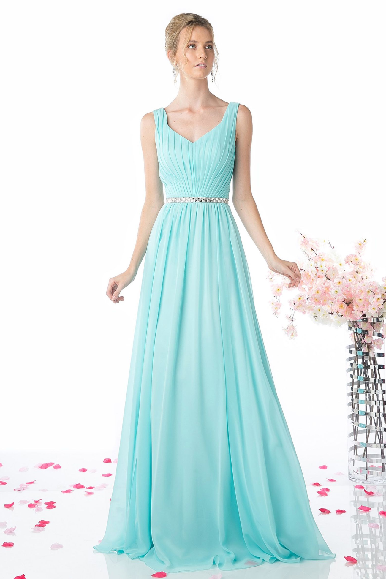 A-Line Chiffon Gown With V-Neckline and Beaded Belt