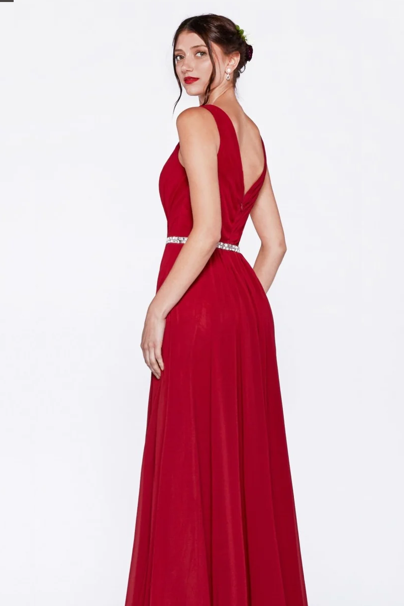 A-Line Chiffon Gown With V-Neckline and Beaded Belt