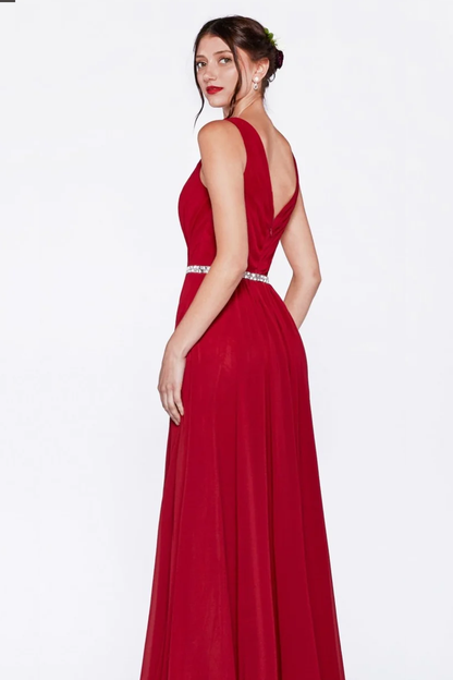 A-Line Chiffon Gown With V-Neckline and Beaded Belt