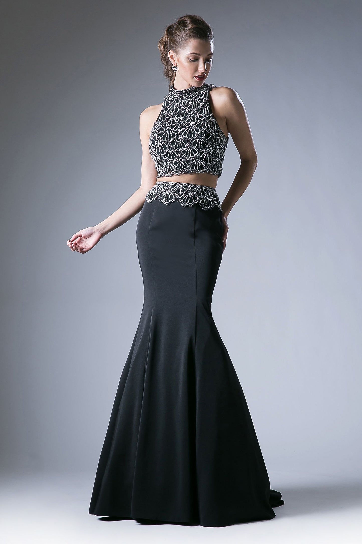 Two Piece Fitted Dress with Halter Beaded Top