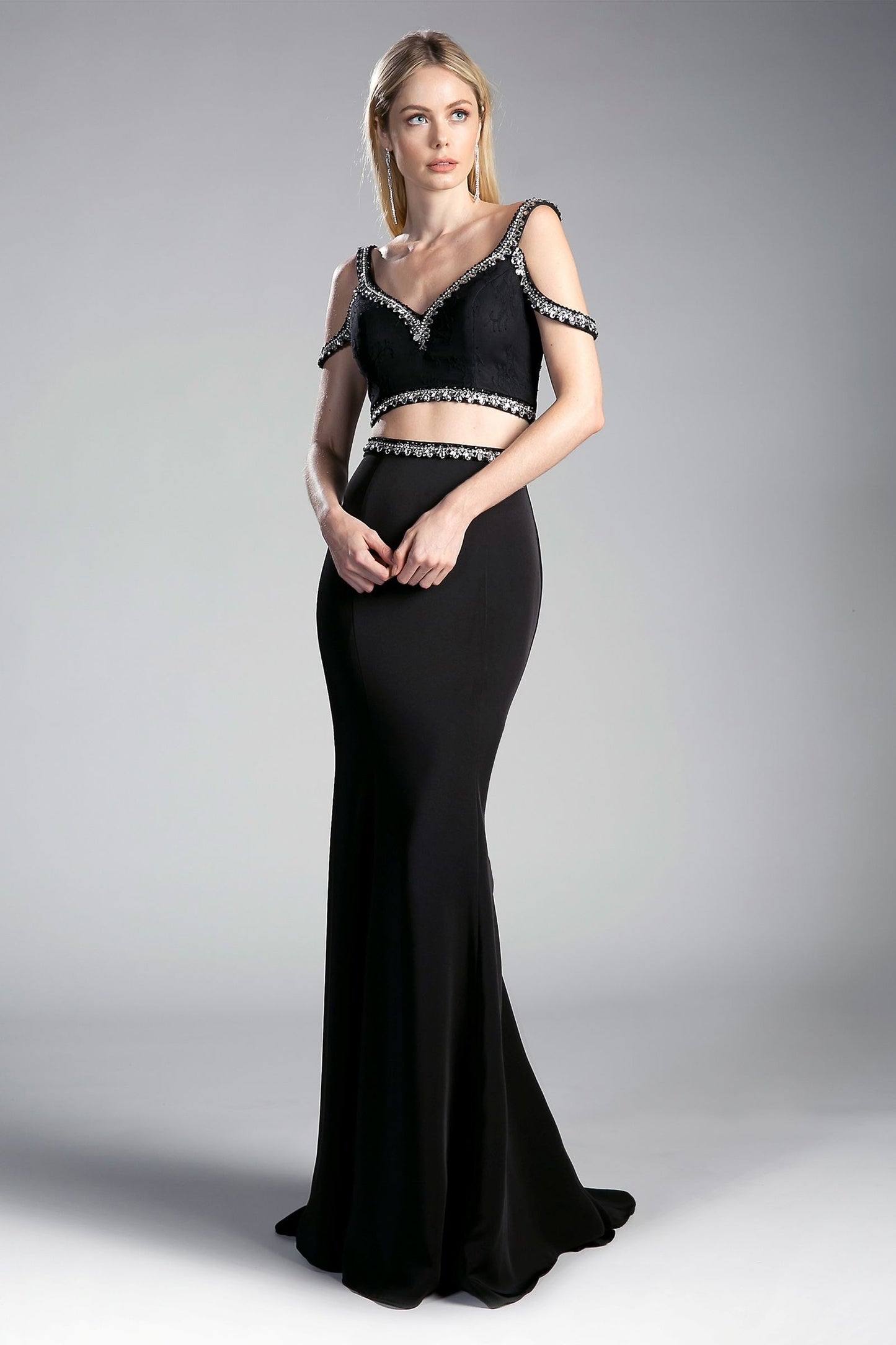 Two Piece Fitted Gown with Stretch Jersey and Beaded Details