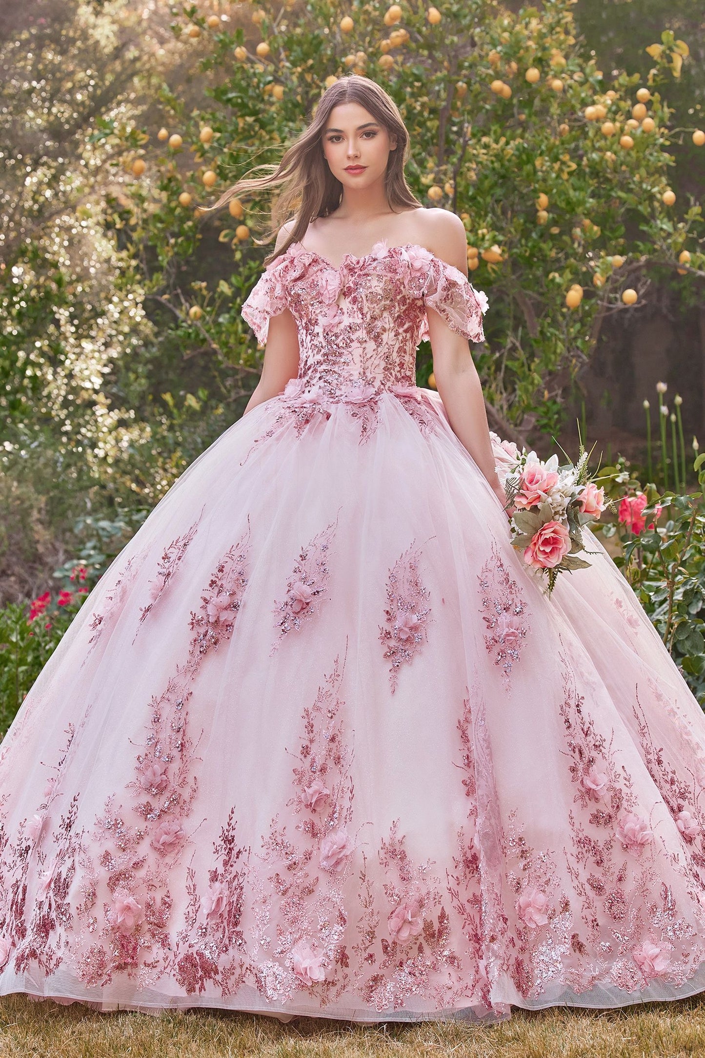 Floral Off The Shoulder Quince Ball Gown