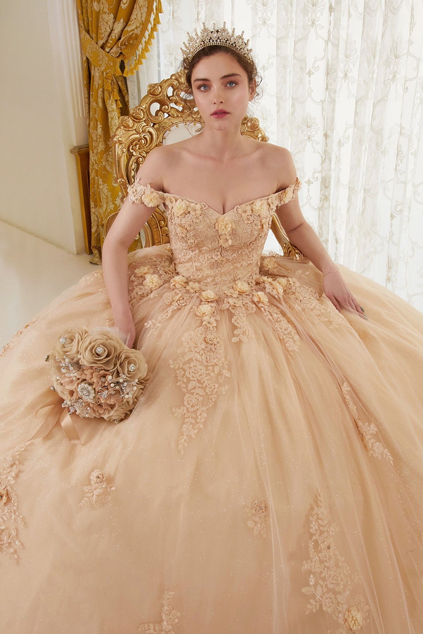 Off The Shoulder Floral Quince Ball Gown