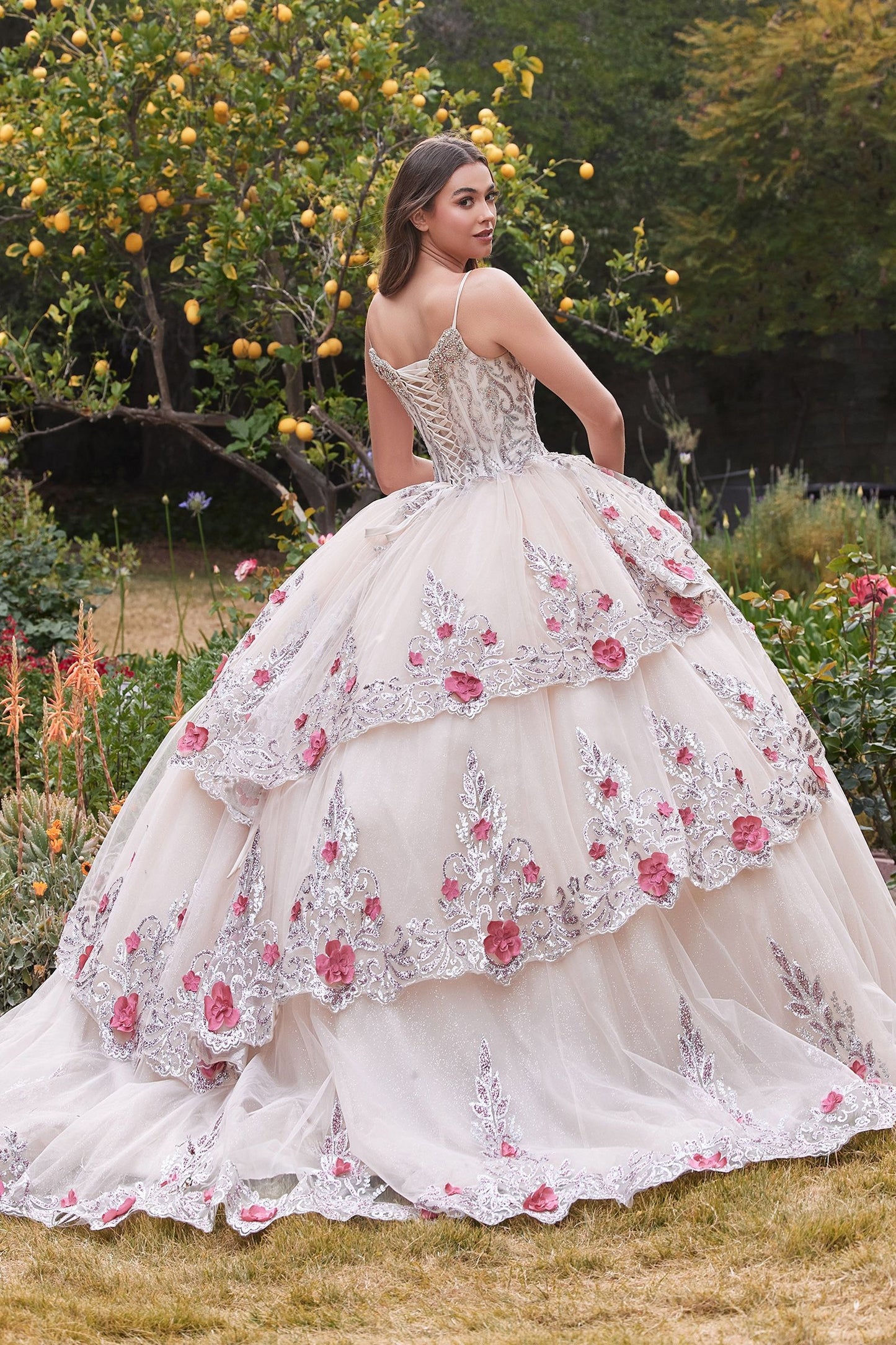 Layered Tulle Quince Ball Gown With Foral Applique