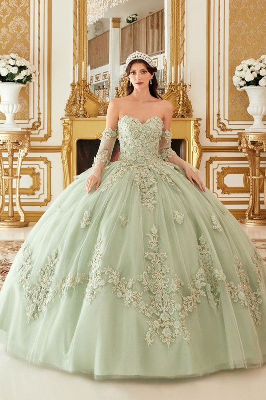 Layered Tulle Ball Quinceanera Gown With Floral Applique