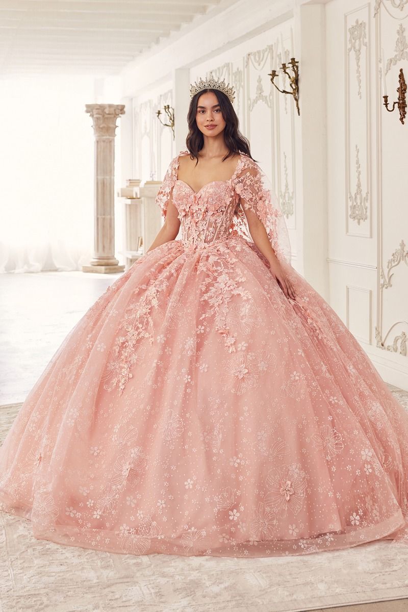 Floral Quinceanera Ball Gown With Cape