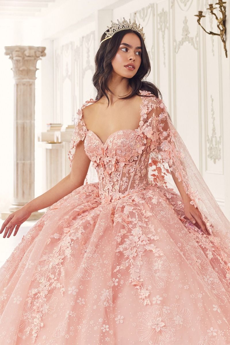 Floral Quinceanera Ball Gown With Cape