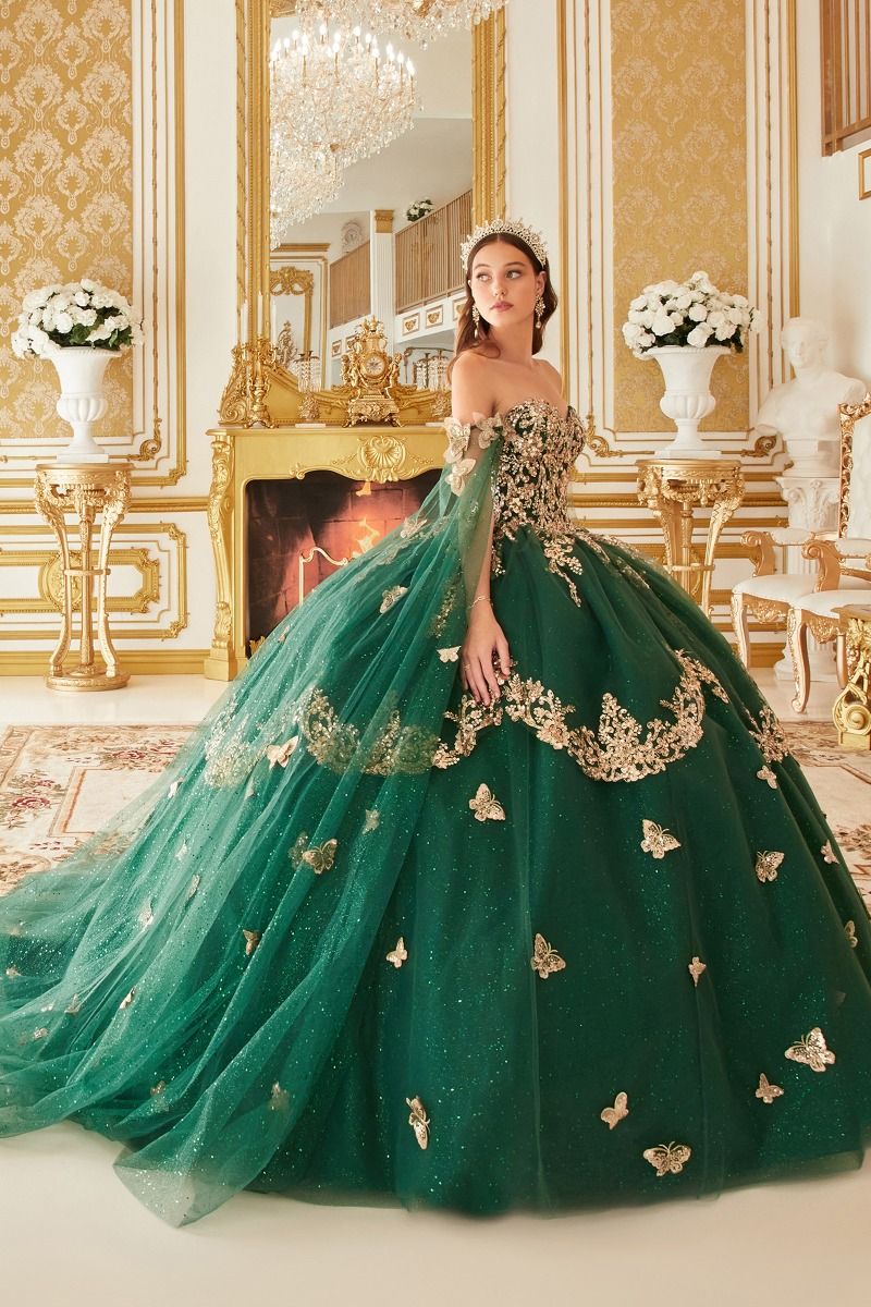 Strapless Layered Tulle Emerald Ball Gown