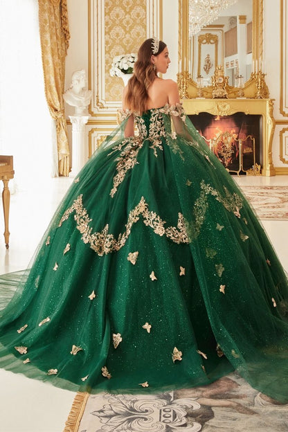 Strapless Layered Tulle Emerald Ball Gown