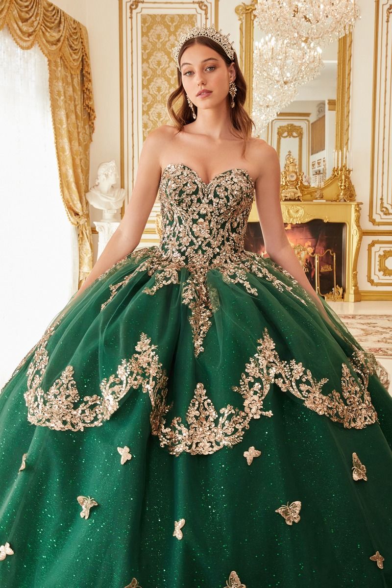 Strapless Layered Tulle Emerald Ball Gown