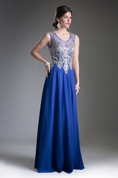 A-Line Chiffon Gown With Lace Embellished Bodice.