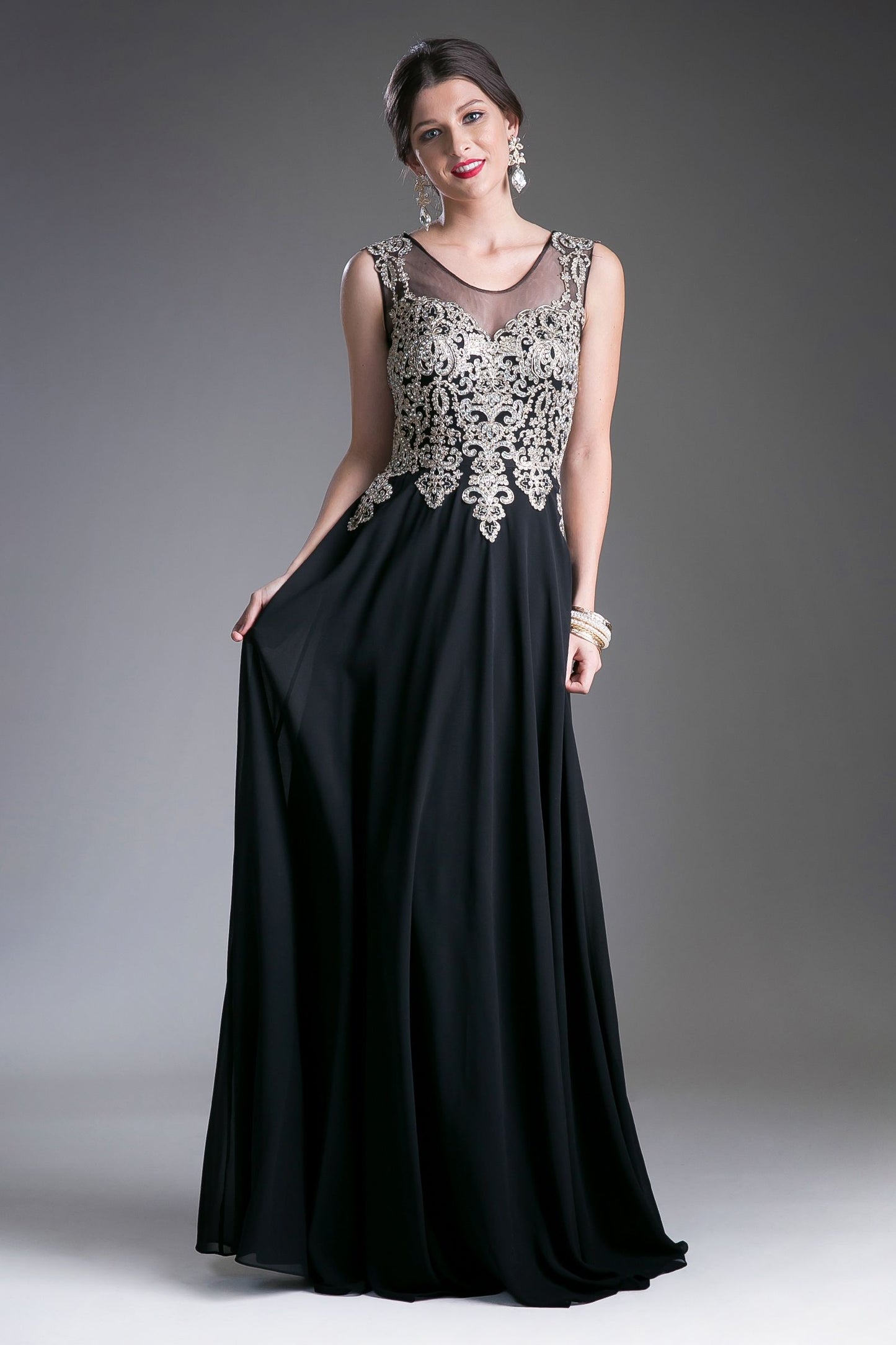 A-Line Chiffon Gown With Lace Embellished Bodice.