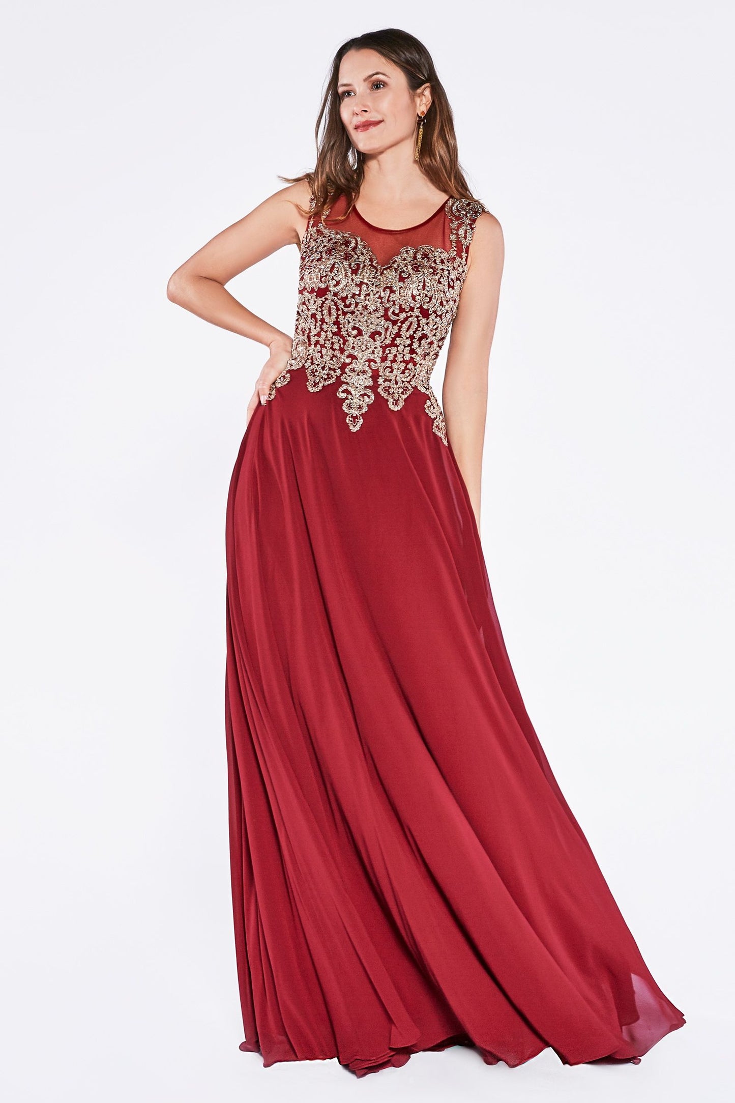 A-Line Chiffon Gown With Lace Embellished Bodice.