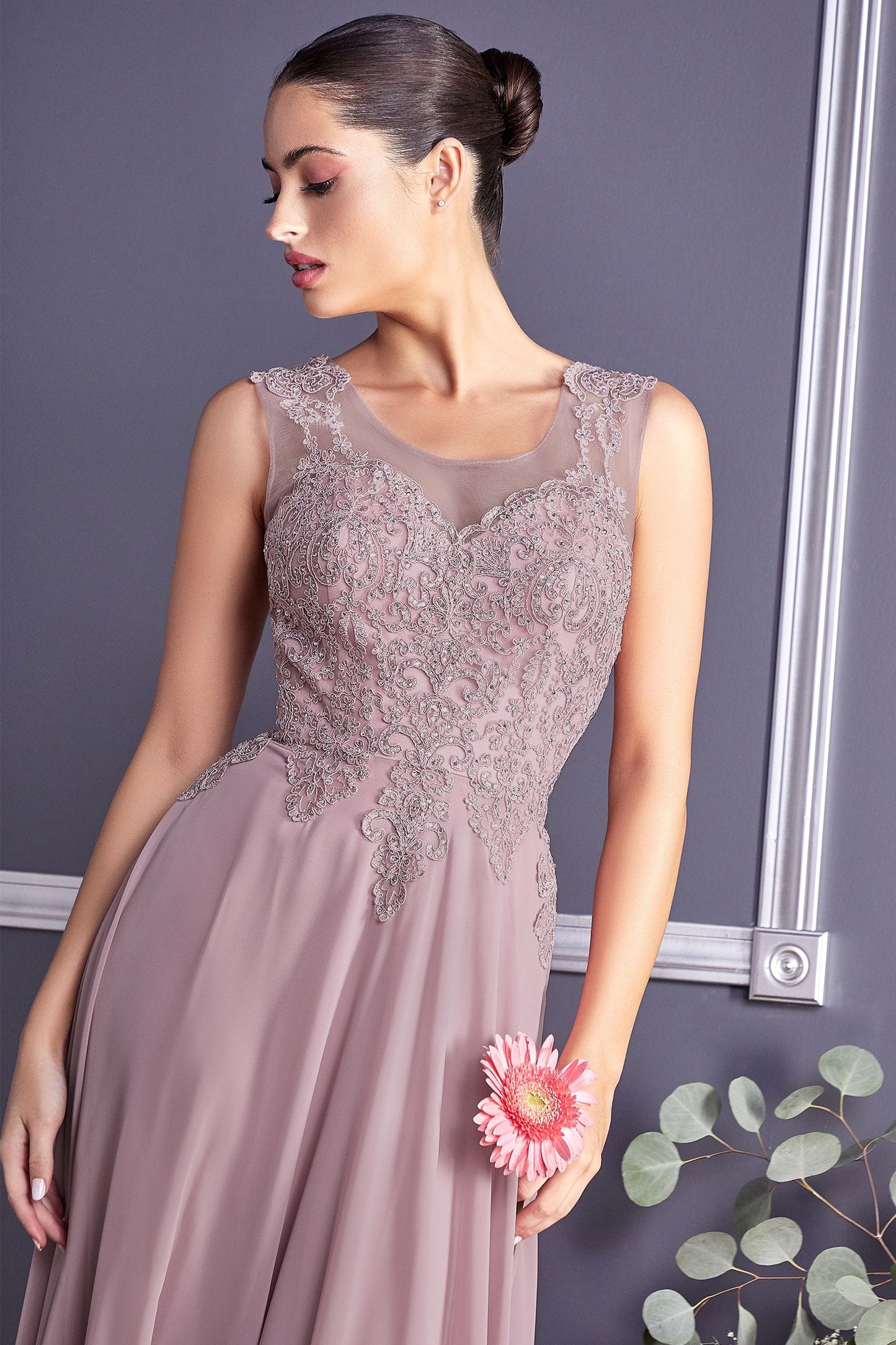 A-Line Chiffon Gown With Lace Embellished Bodice.