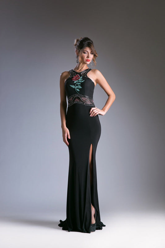 Beaded Sateen Empire Waist Gown