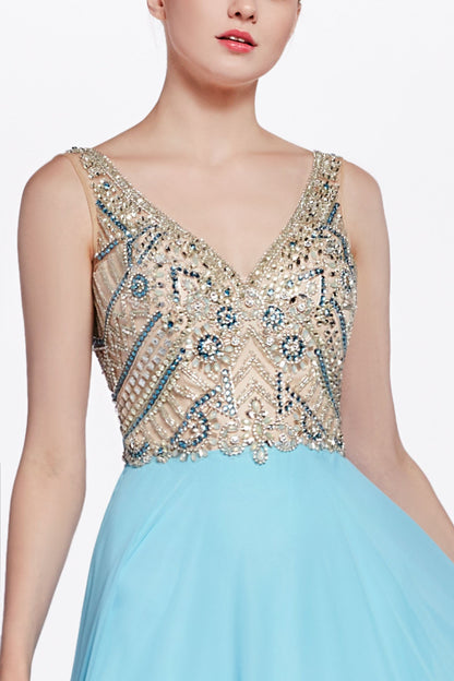 A-line chiffon dress with embellished top and open back