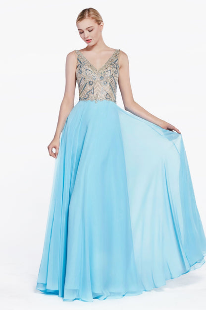 A-line chiffon dress with embellished top and open back