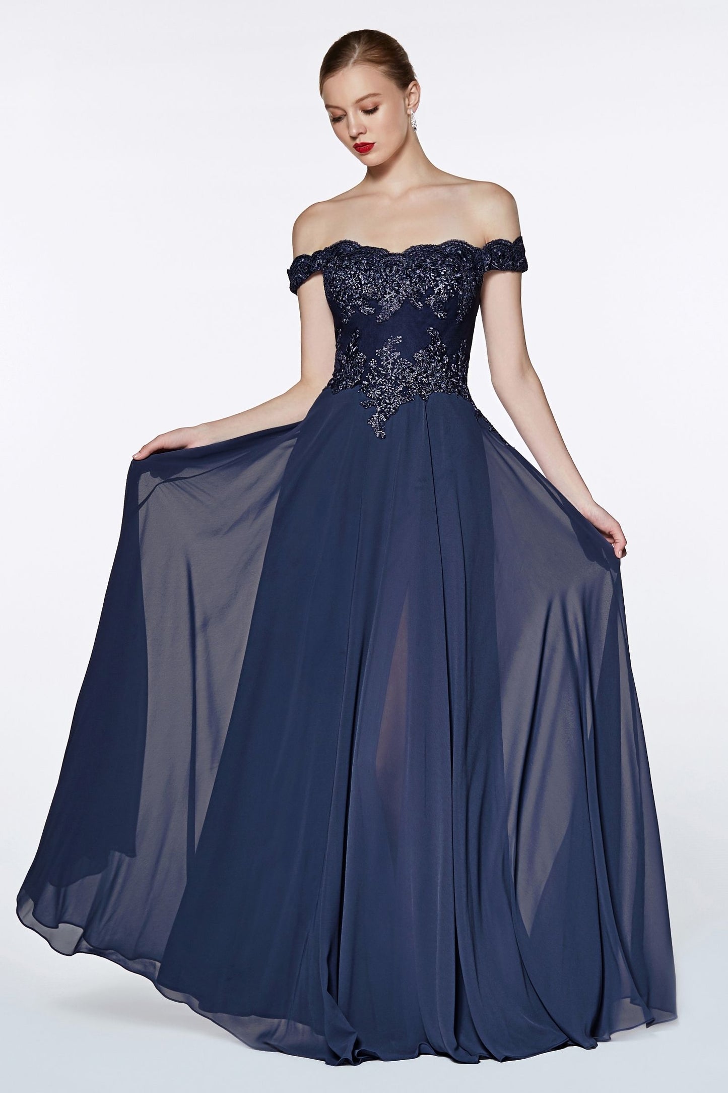 Off The Shoulder Lace Bodice Gown With Flowy Chiffon Bottom And Leg Slit In Lining.