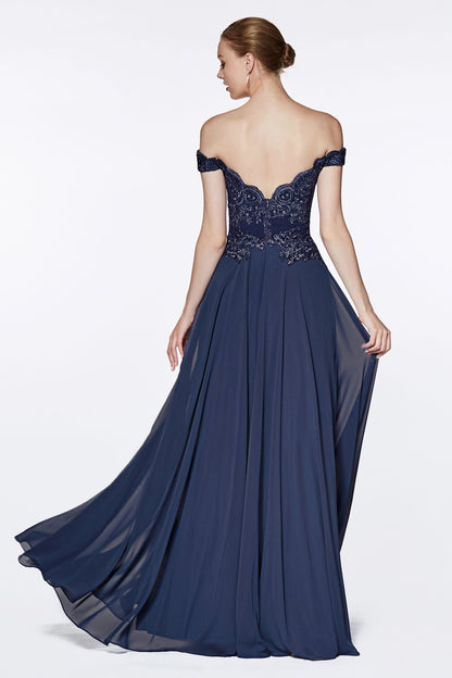 Off The Shoulder Lace Bodice Gown With Flowy Chiffon Bottom And Leg Slit In Lining.