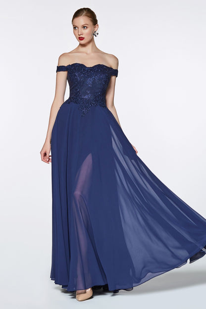 Off The Shoulder Lace Bodice Gown With Flowy Chiffon Bottom And Leg Slit In Lining.