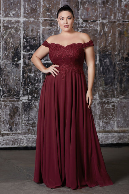 Off The Shoulder Lace Bodice Gown With Flowy Chiffon Bottom And Leg Slit In Lining.