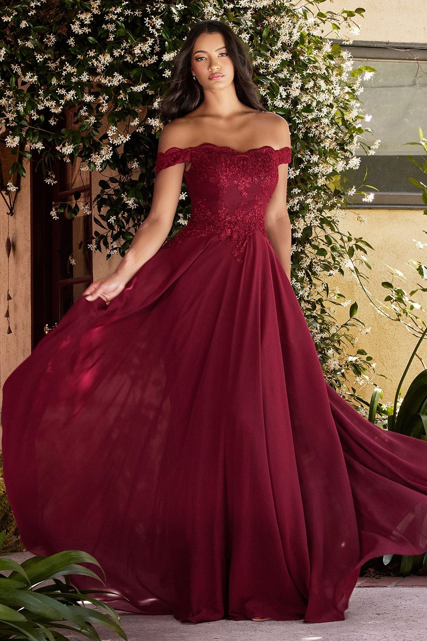 Off The Shoulder Lace Bodice Gown With Flowy Chiffon Bottom And Leg Slit In Lining.