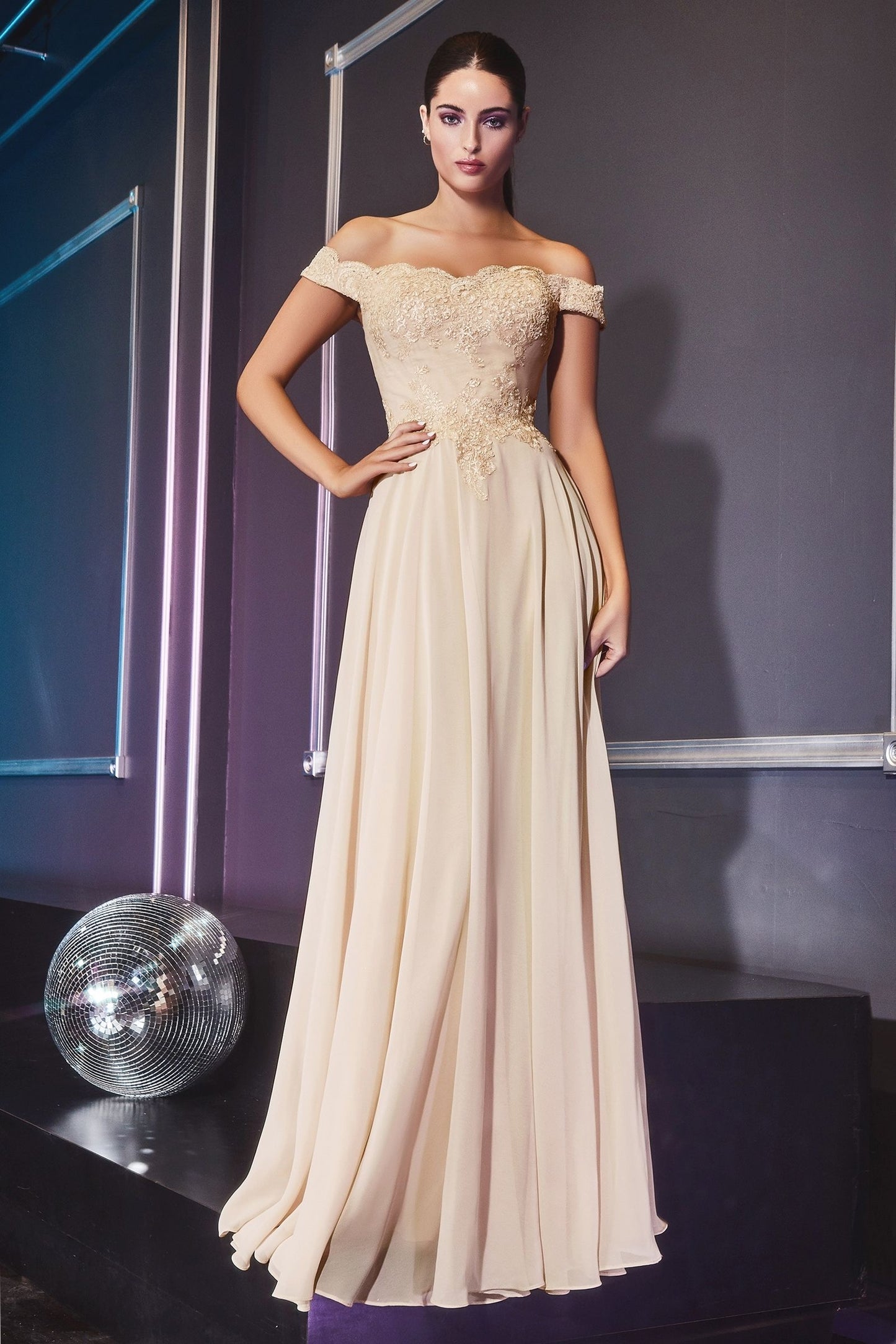 Off The Shoulder Lace Bodice Gown With Flowy Chiffon Bottom And Leg Slit In Lining.