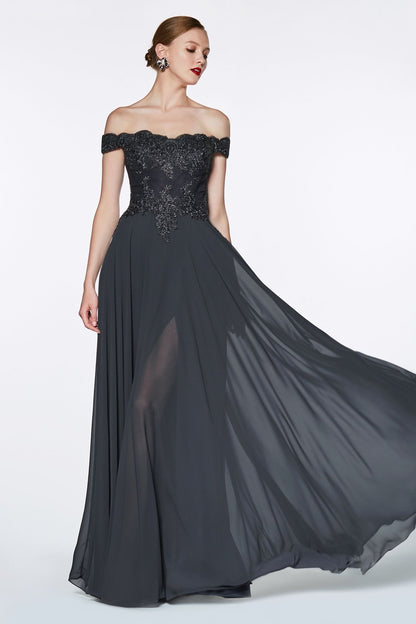 Off The Shoulder Lace Bodice Gown With Flowy Chiffon Bottom And Leg Slit In Lining.