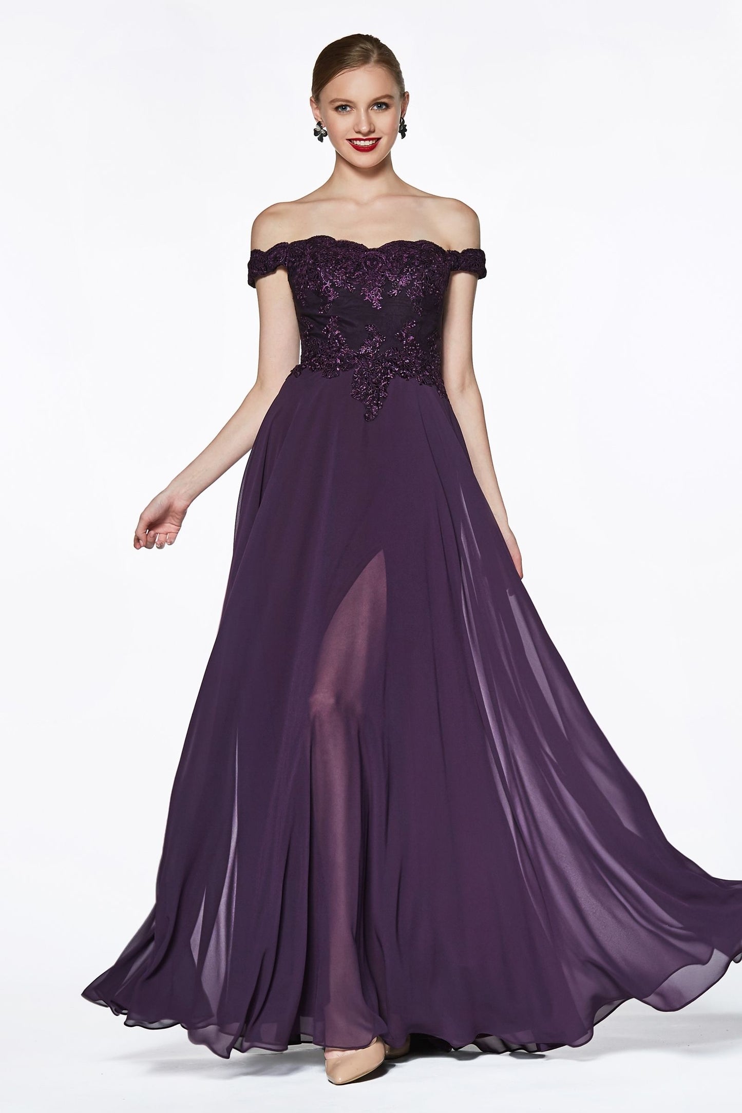 Off The Shoulder Lace Bodice Gown With Flowy Chiffon Bottom And Leg Slit In Lining.