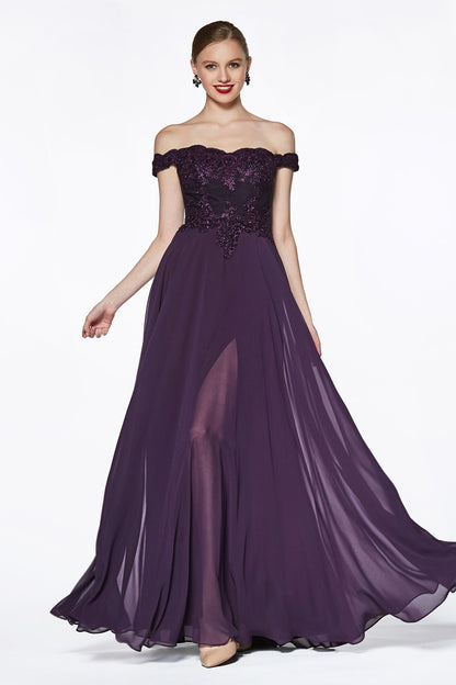 Off The Shoulder Lace Bodice Gown With Flowy Chiffon Bottom And Leg Slit In Lining.