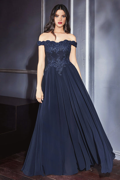 Off The Shoulder Lace Bodice Gown With Flowy Chiffon Bottom And Leg Slit In Lining.