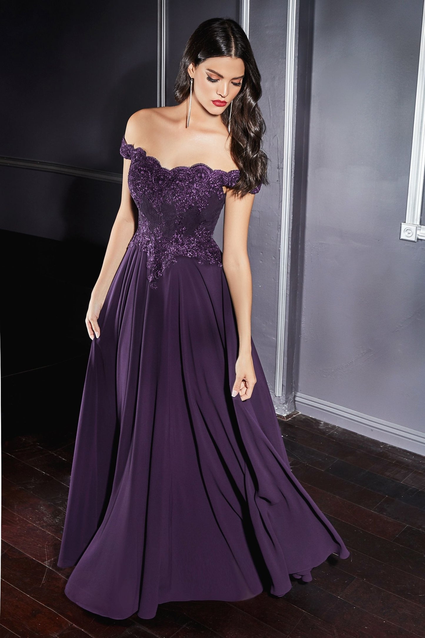 Off The Shoulder Lace Bodice Gown With Flowy Chiffon Bottom And Leg Slit In Lining.