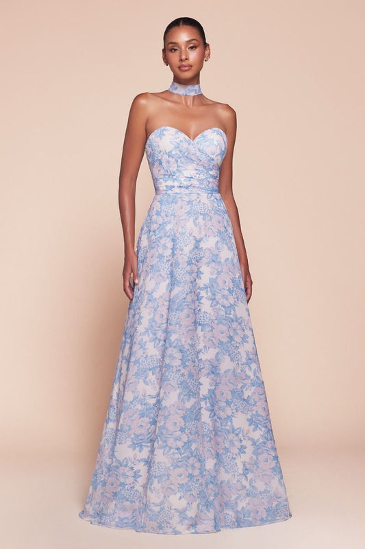 Strapless A-Line Floral Satin Dress