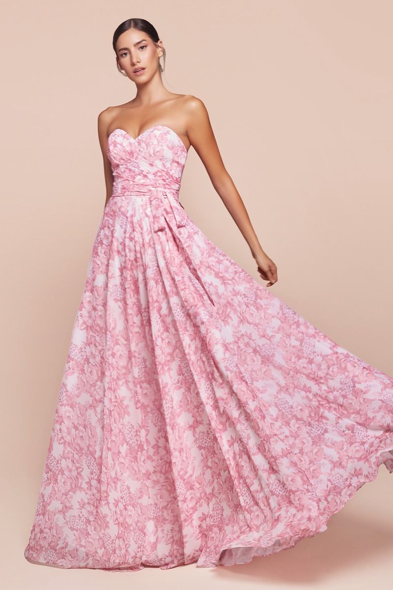 Strapless A-Line Floral Satin Dress